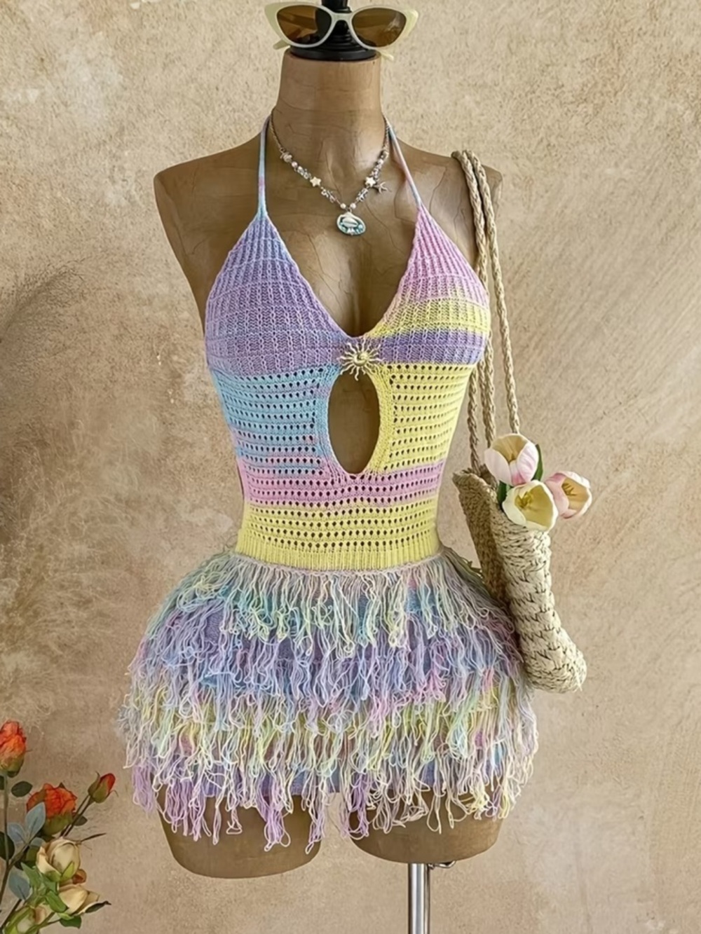 Affordable Fashion Finds Pastel Rainbow Crochet Halter Dress
